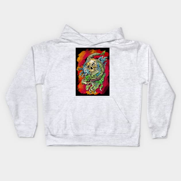 watercolour Tattoo design with dragon and zombie skull Kids Hoodie by silentrob668